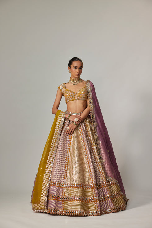 Mustard Multicolor Heavy Metallic Lehenga With Double Dupatta